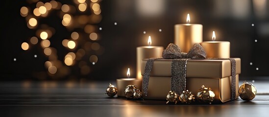 Elegant golden gift boxes adorned with silver ribbons and candles glowing softly, set against a blurred dark background with warm bokeh lights.