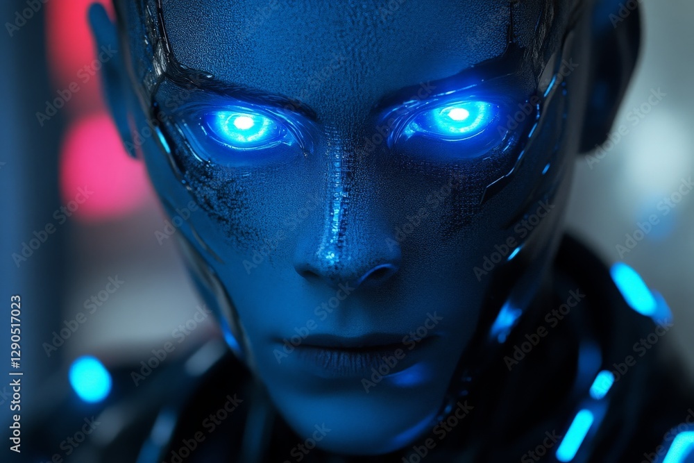 Poster human-like robot with glowing blue eyes showcases advanced technology in futuristic setting