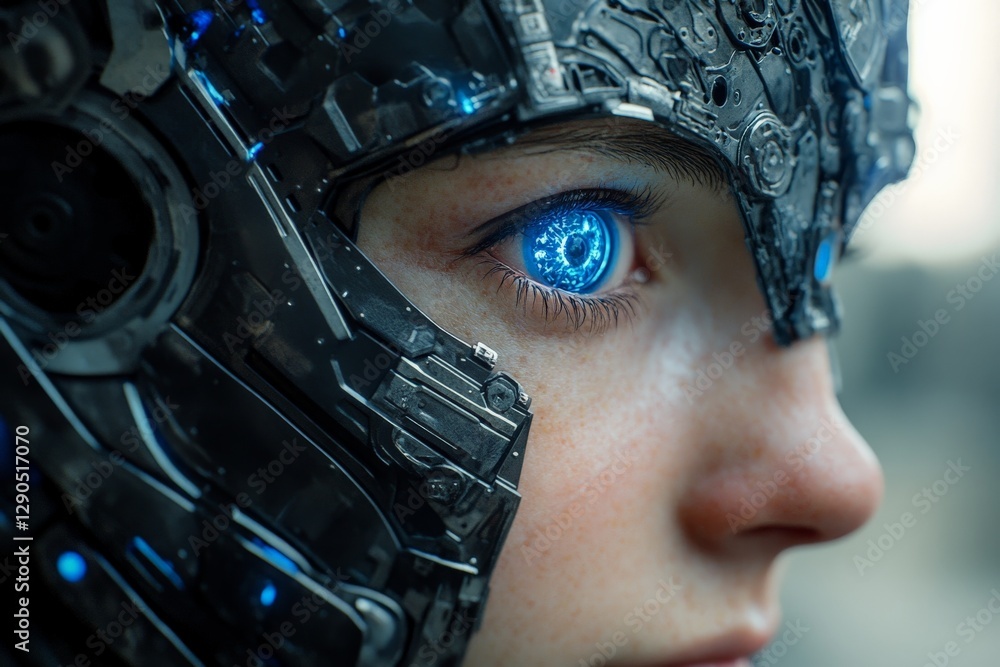 Aufkleber futuristic character with glowing blue eye features advanced technology in an urban setting at dusk