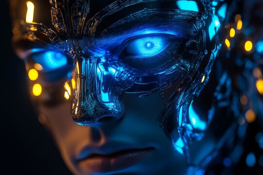 Futuristic robotic figure with glowing blue eyes and intricate metallic details in a dark environment - Powered by Adobe
