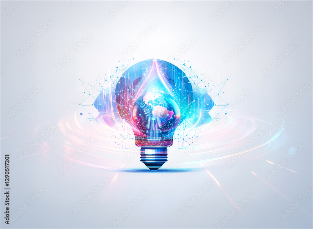 Poster a luminous lightbulb uses double exposure to blend abstract colorful energy waves and geometric shap