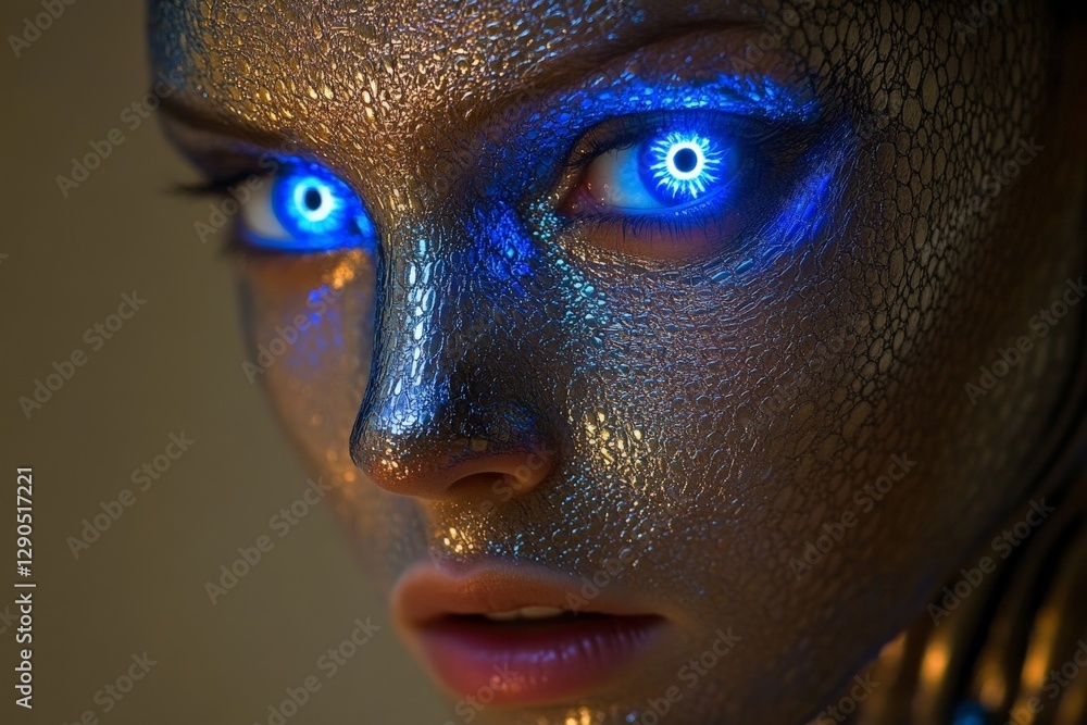 Poster Futuristic portrait featuring a model with metallic skin and glowing blue eyes in a dimly lit environment