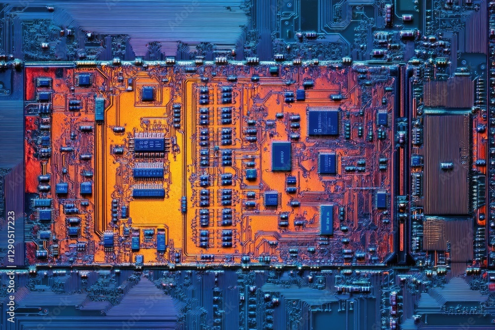 Poster close-up detailed view of a circuit board showcasing intricate electronic components and pathways.