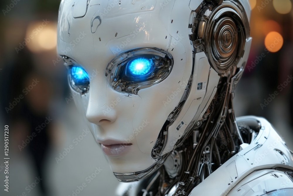 Aufkleber robot with glowing blue eyes captures attention in a bustling urban setting at twilight