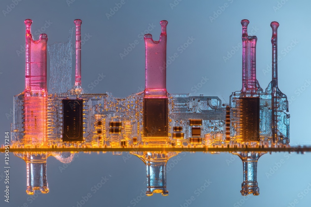 Poster close-up view of a transparent circuit board with vibrant colored components, reflecting in a glassy