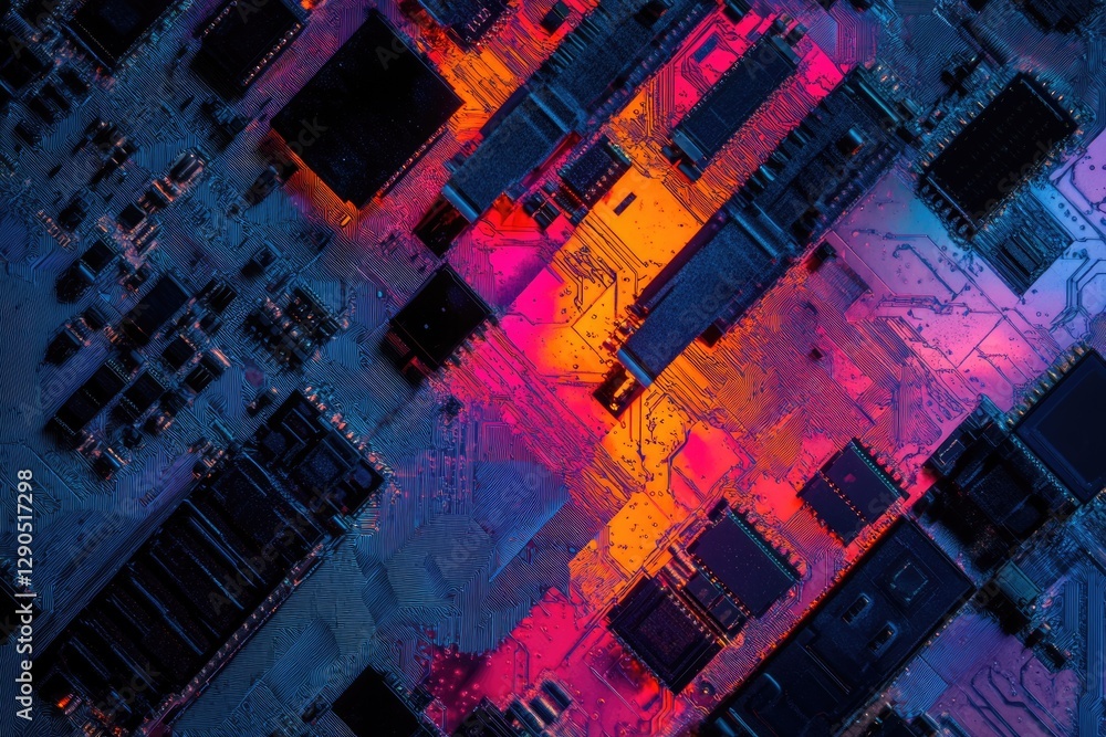 Poster close-up vibrant image of a circuit board, showcasing intricate electronic components and neon-like 