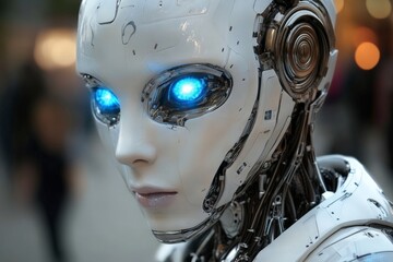 Robot with glowing blue eyes captures attention in a bustling urban setting at twilight