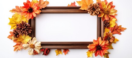 Autumn themed photo frame decorated with vibrant orange and yellow flowers and leaves on a white background creating a warm festive feel