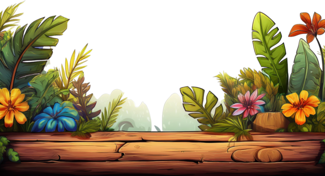 Vibrant Tropical Flowers and Lush Green Leaves Framing Wooden Plank Background