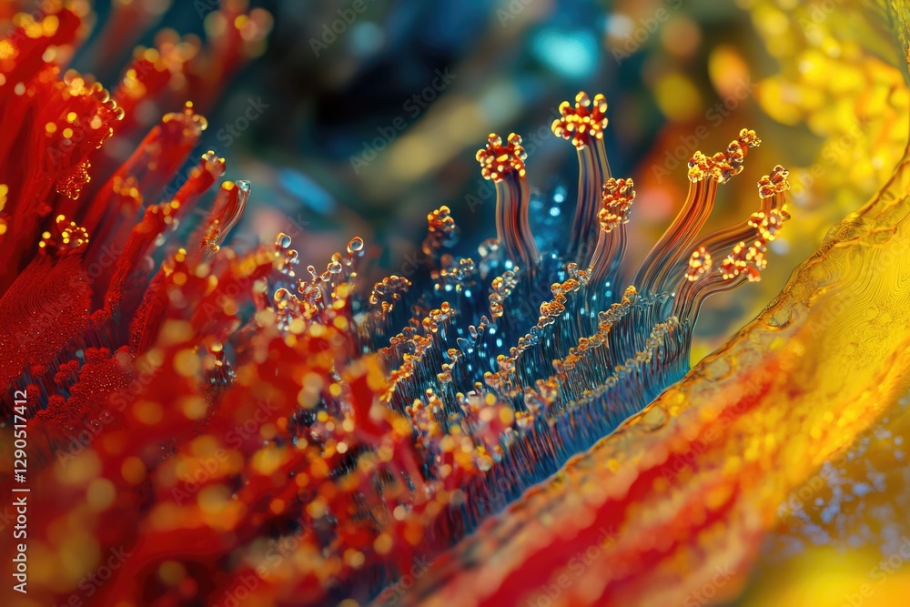 Poster abstract microscopic image showcasing vibrant red and blue structures resembling coral or a cellular