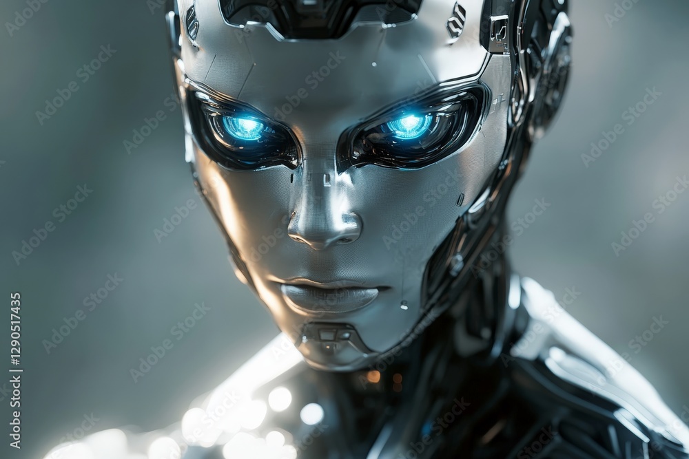 Poster robot with glowing blue eyes displays intricate metallic features in a futuristic setting