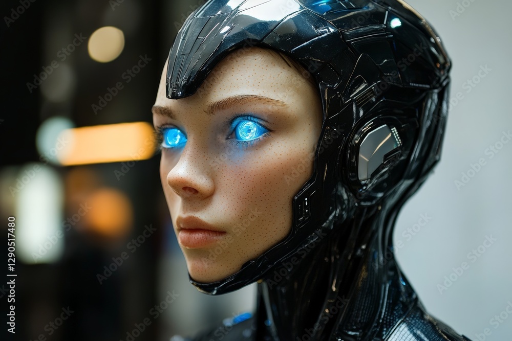 Aufkleber Realistic humanoid robot with glowing blue eyes displays advanced technology at robotics exhibition