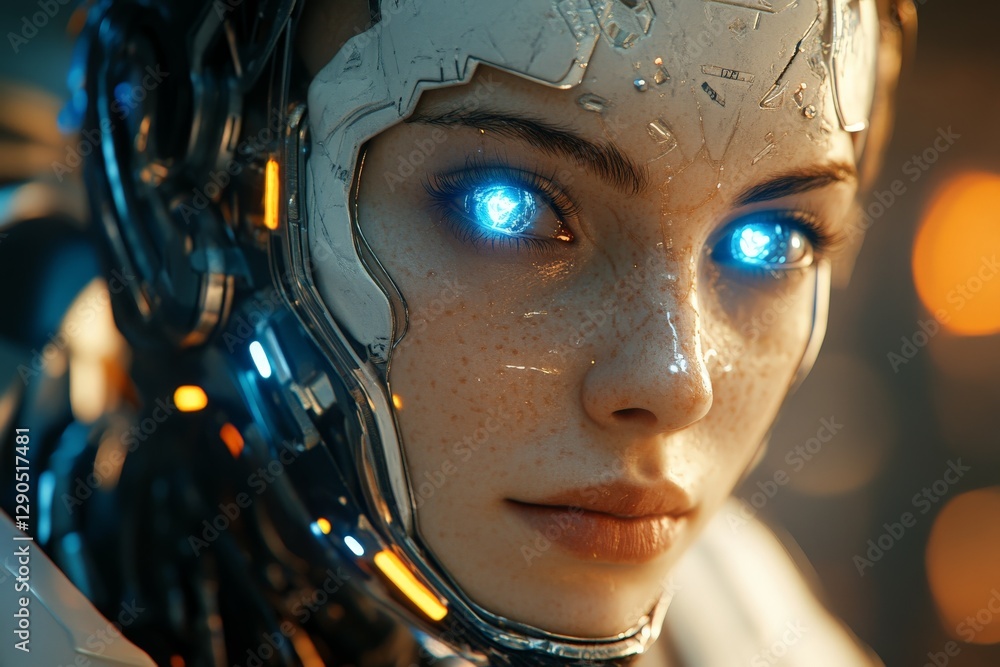 Aufkleber Close-up of a futuristic cyborg with glowing blue eyes and intricate metallic features set against a dark, glowing background