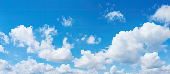 Bright blue sky filled with fluffy white clouds on a clear summer day suitable for desktop wallpaper with a serene and calming atmosphere