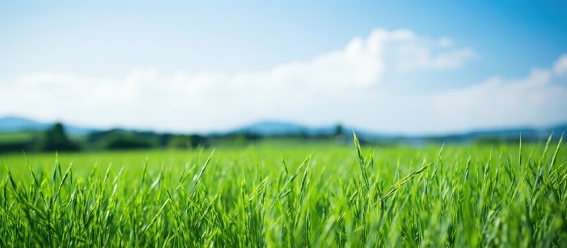 Vibrant green rice field with soft desho grass in the foreground under a bright blue sky with fluffy clouds and distant mountains in the background