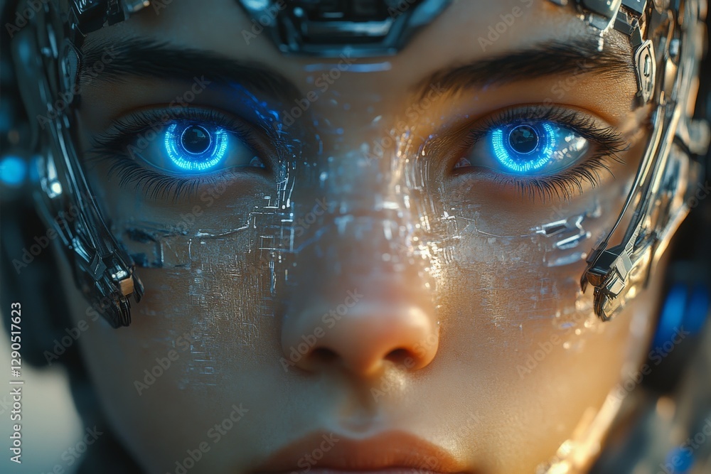 Aufkleber futuristic humanoid with glowing blue eyes and advanced cybernetic features in a close-up view