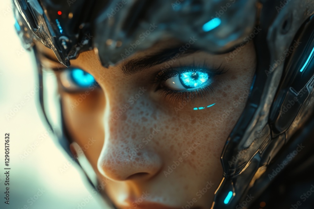 Poster futuristic character with glowing eyes and advanced helmet engages in a tense moment in a cyberpunk 