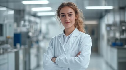 Fototapeta premium Portrait of a confident young scientist posing with crossed arms in a modern laboratory