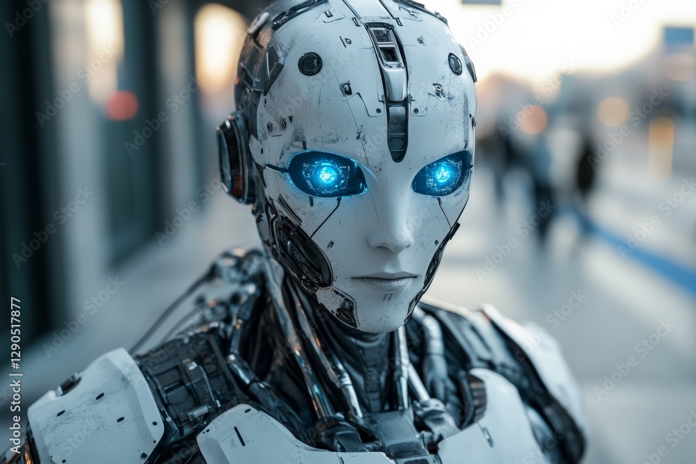 Poster futuristic humanoid robot with blue glowing eyes poses in an urban setting during twilight hours