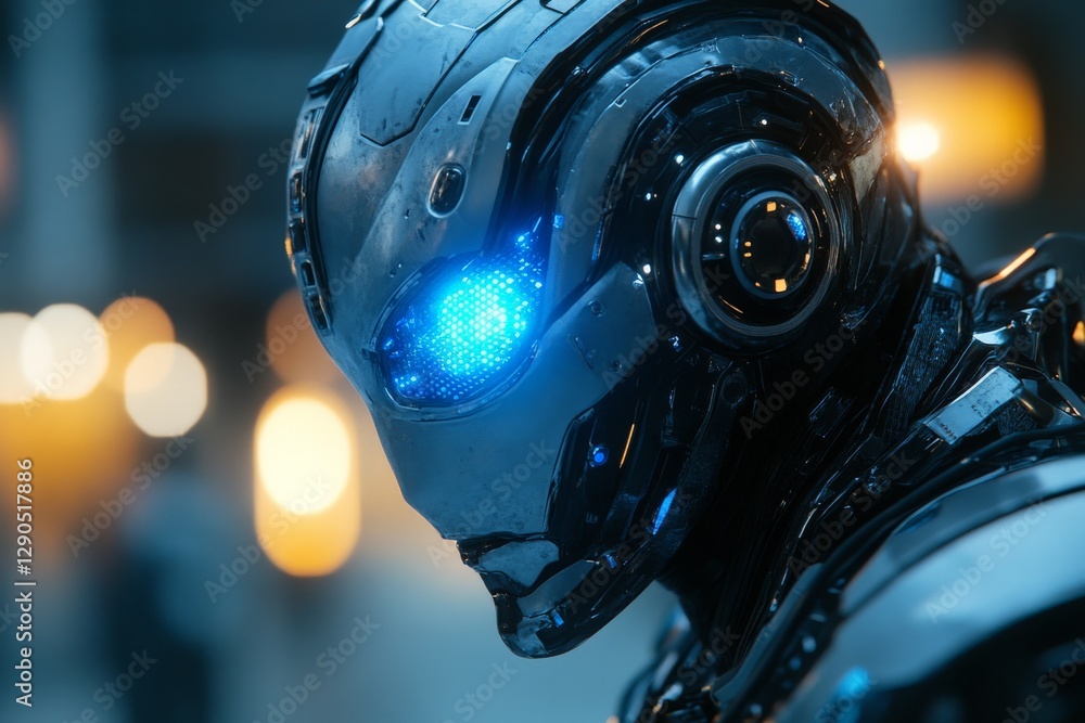 Poster futuristic robot with illuminated blue features standing in a modern urban environment at night
