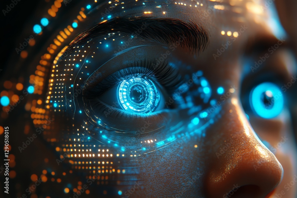 Poster Futuristic close-up of an eye displaying digital patterns and glowing blue lights with a tech-inspired aesthetic