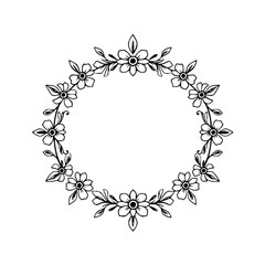 Intricate floral wreath in black and white, showcasing a delicate hand-drawn design in a circular pattern on a clean, white background.