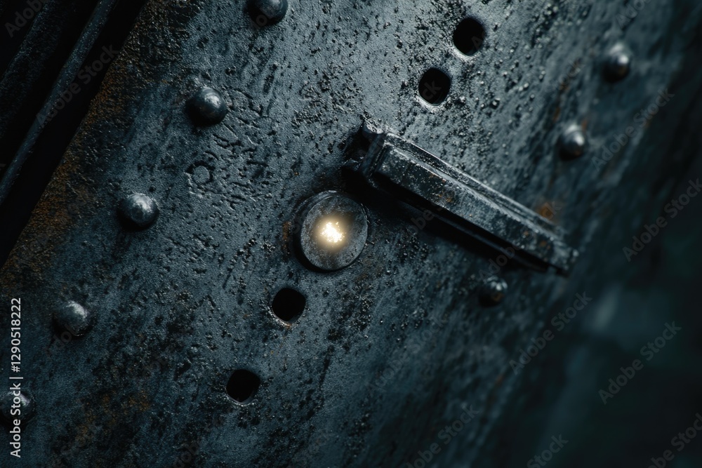 Poster glowing light source within a dark, textured metallic surface, featuring rivets and a latch.