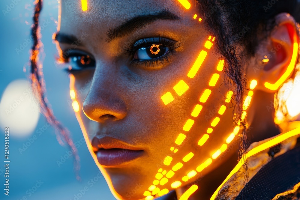Poster close-up of a woman with glowing facial patterns in a futuristic urban setting at dusk