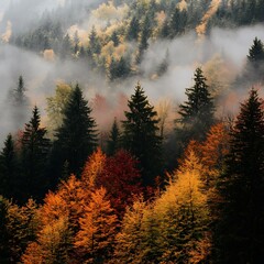 Sunlight dances on fiery leaves in autumn breathtaking forest Image
