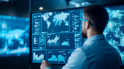 A professional analyzing global data on a digital screen, showcasing various charts and maps in a tech-savvy environment.