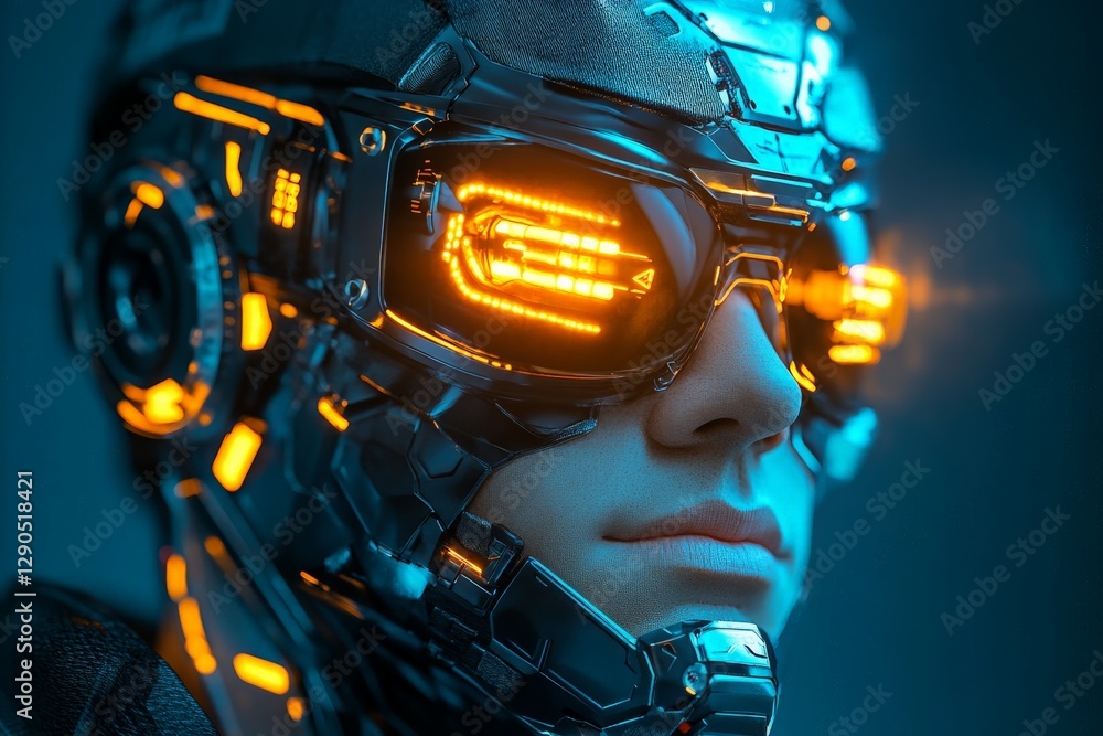 Poster Futuristic cyborg with illuminated features showcases advanced technology and design elements in a dark environment