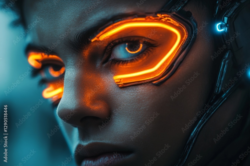 Poster futuristic portrait of a cyborg with glowing orange features in a cyberpunk environment