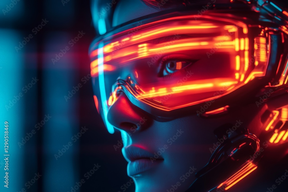 Aufkleber Futuristic cybernetic character wearing illuminated goggles in a high-tech setting
