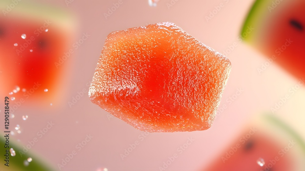 Poster a bright red watermelon cube floating with droplets and slices
