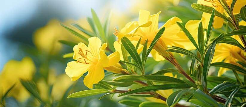 Close-up of vibrant yellow oleander flowers in soft focus, surrounded by lush green leaves against a blurred background, creating a serene atmosphere.