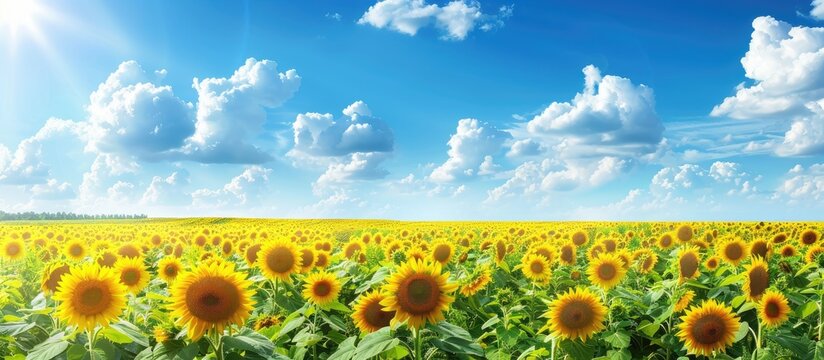 Vibrant sunflower field in full bloom under a bright blue sky with fluffy white clouds creating a serene landscape with ample space for text.