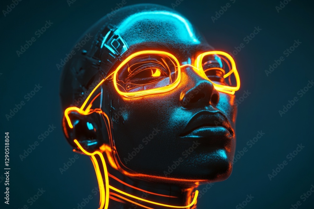 Aufkleber futuristic humanoid figure with glowing outlines and cybernetic features in a dark background