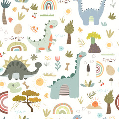 Obraz premium Seamless pattern with dino, eggs, volcano, rainbows, flowers, bones. Vector illustration with dinosaurs and plants for kids.