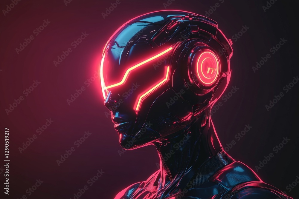 Poster futuristic robot with glowing visor and headphones in a dark setting against a sleek backdrop