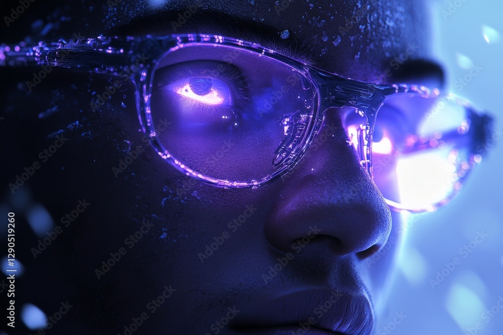 Poster close-up of a person wearing futuristic glasses with glowing effects reflecting in their eyes in a h