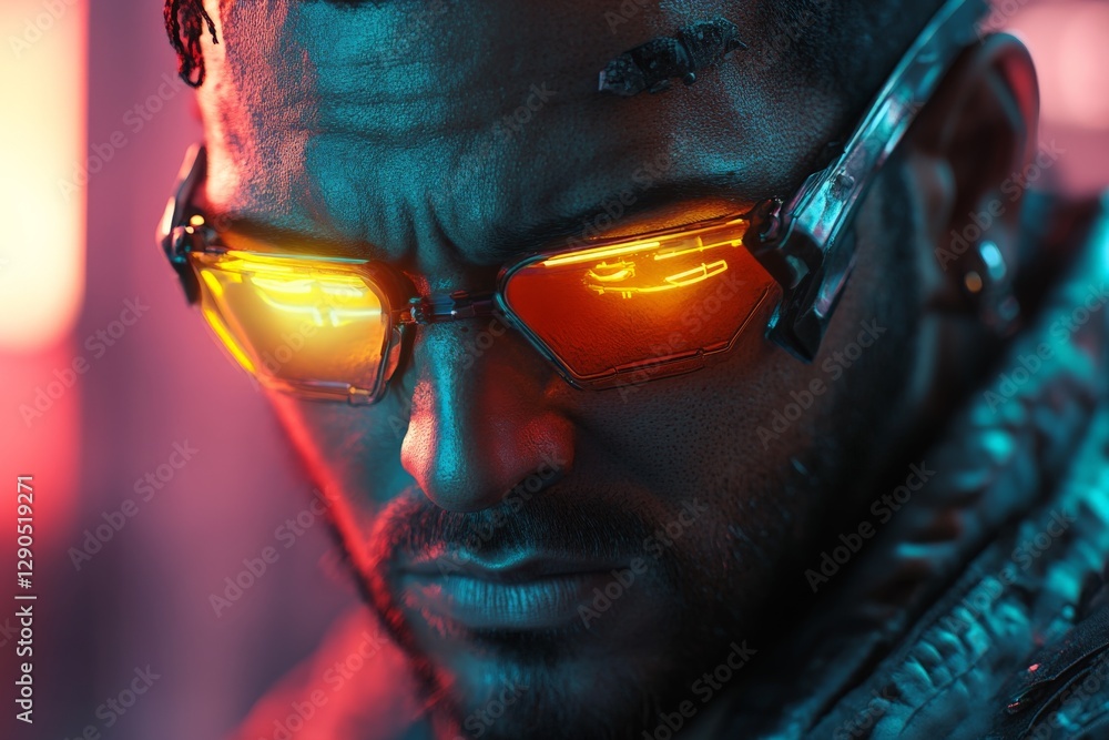 Aufkleber close-up of a man in futuristic glasses with glowing lenses in a neon-lit urban environment