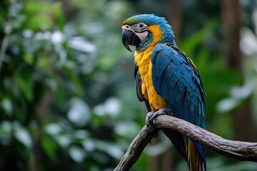 Colorful bird perched on branch in lush green environment, beautiful bird with colored feathers on a branch looks around