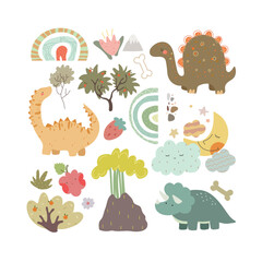 Set with dino and cartoon nature. Animals, rainbows. plants, fruits. Vector illustration for kids.