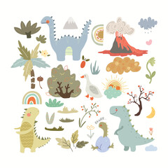 Hand drawn dino friends, plants, volcano, baby dino. Vector illustration with animals and plants.