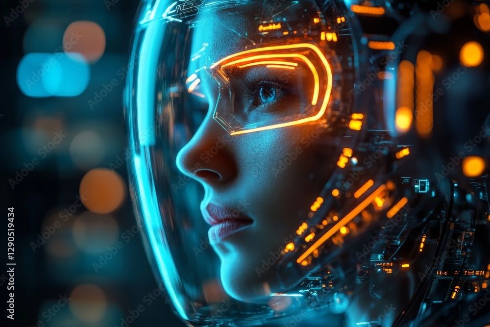 Poster futuristic female astronaut in illuminated helmet highlighting advanced technology and vibrant color