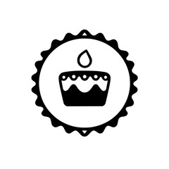 Abstract cake icon within a circular frame, black on white, a minimalist and clear symbol.