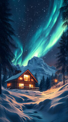 Fototapeta premium Cozy Cabin Under Northern Lights in Snowy Winter Forest