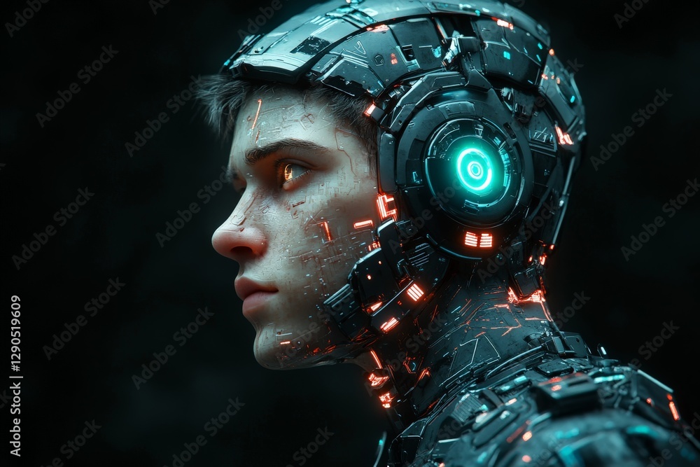Poster cybernetic youth with glowing technology in futuristic setting showcases advanced robotics and human