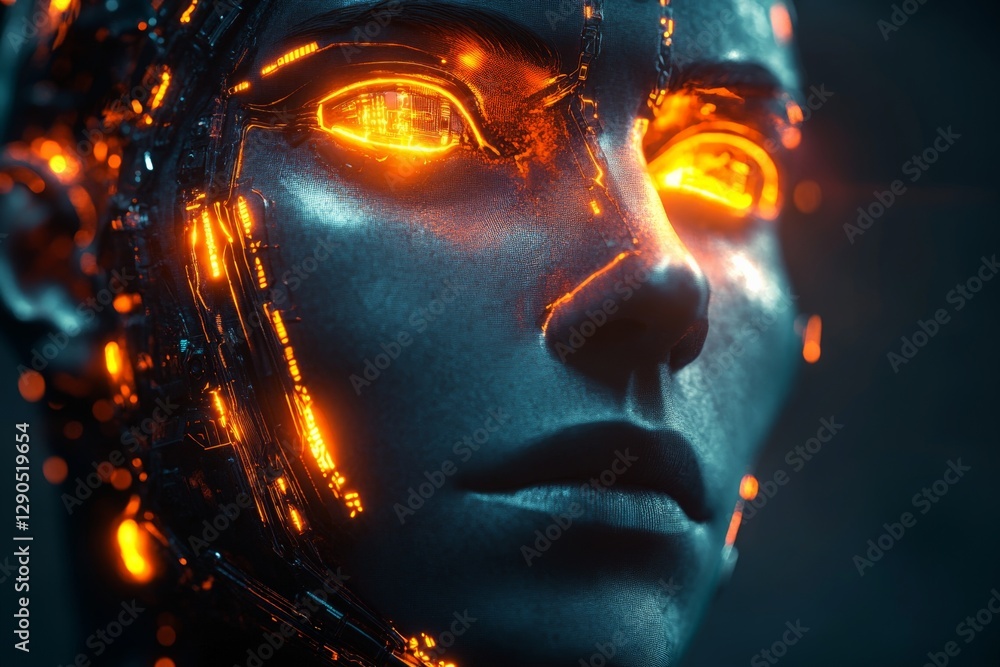 Poster robot face with glowing eyes showcasing advanced technology and intricate circuitry in a futuristic 