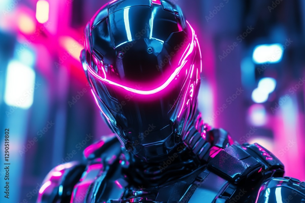 Poster futuristic robotic soldier stands in neon-lit environment showcasing advanced technology and sleek d
